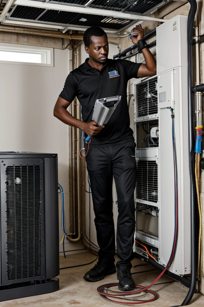 An unexperinced  black who is not a technician  clearly frustrated yet determined trying to install an evaporator on his palour wall , standing muttering under his breath.  Sweat beaded on his forehead, working on a partially installed AC unit. It was clear this battle between man and machine wasn't going as planned as things were falling apart