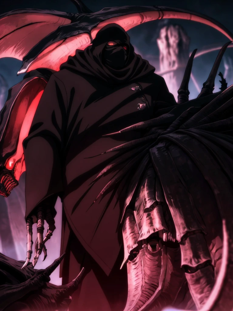 a man in a black coat wearing a mask that covers his mouth the color of his eyes are red he wears black pants the color of his hair is black and behind him there is a tyrannosaurus made of bones