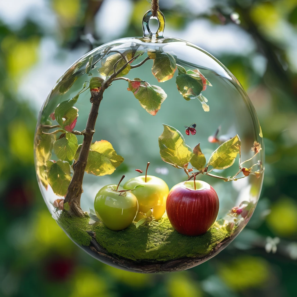 Double exposure photo image, A combination of a little fairyland, fairies and glass apples., Glass apple hanging on a tree branch with leaves, Inside the glass apple、There is a fairyland with fairies that have their own details, Finely chopped in a glass apple, Clear focus, Deep depth of field , Double exposure, Ultra-realistic, Very detailed, Ray Tracing, Cinematic, High resolution, Realistic (Double exposure:1.1)
