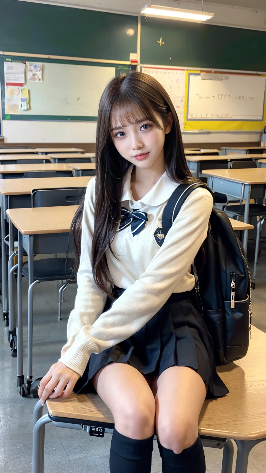 ((masterpiece, Highest quality)),Best aesthetics,One Girl, , mechanical, Sitting, school mechanical, Black hair straight, classroom, Long Hair, indoor, Chair, View your audience, :p, Focus Only, Brown eyes, mini skirt, Long sleeve, pencil, 1 boy, pencil case, paper, Black Seraphim, Multiple Girls, Pleated skirt, Sailor collar, bangs, Headrest, school bag, school Chair,smile,,Knee-high socks
