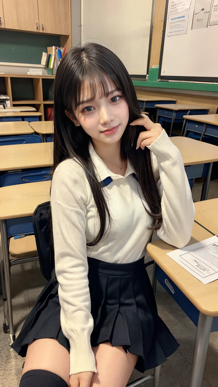 ((masterpiece, Highest quality)),Best aesthetics,One Girl, , mechanical, Sitting, school mechanical, Black hair straight, classroom, Long Hair, indoor, Chair, View your audience, :p, Focus Only, Brown eyes, mini skirt, Long sleeve, pencil, 1 boy, pencil case, paper, Black Seraphim, Multiple Girls, Pleated skirt, Sailor collar, bangs, Headrest, school bag, school Chair,smile,,Knee-high socks