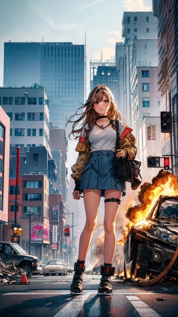 analog illustration style (((Girl on the Road in the Big City)))
((Destroyed city in flames)) ((Fire)) ((Destroyed buildings)) ((Destroyed cars)) ((Pile of rubble))
90's Giant (((Girl on the Road in the Big City))) Uniform Skirt
((Dim cloudy sky)) Female Giant
huge girl
full body
Destroyed skyscrapers, destroyed cars, crowd Unreal Engine,cleavage ,a drawing of a , earrings, long hair, 1980s (style)