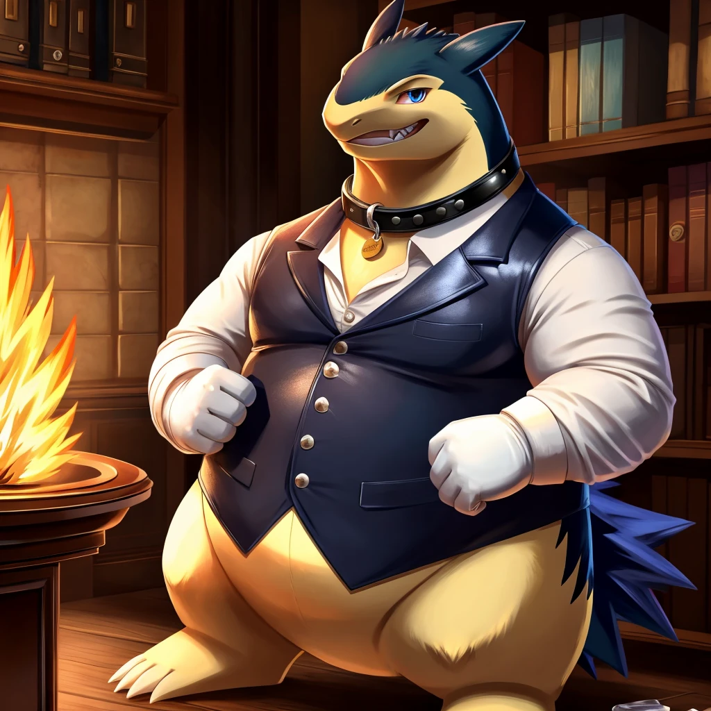 Male, fat, extremely obese, gentleman, dapper Professor Typhlosion, blue eyes, (posing:1.3), (soft shading), 4k, hi res, ((detailed face, detailed)), looking at viewer, mouth wide open, steampunk, dapper clothing, collared shirt with buttons, top hat, male focus, Explorer Outfit, glasses, monocle, vest with buttons, sleeves rolled up, round eyewear, brown headwear, brown vest, office, Typhlosion is wearing a glossy leather dog collar around the neck, Typhlosion is wearing the leather collar and shirt and vest at the same time, Typhlosion is wearing glossy white rubber gloves on the hands, wearing white rubber gloves on the feet, gloves are rubber in texture, clenching teeth, clenching fists, leather collar is glossy and shiny with a lot of detail, Typhlosion is wearing gloves and leather collar at the same time, leather collar has a round dog-tag, leather collar is thick and detailed, leather collar is glossy and shiny, fancy clothing, dapper vest, dapper shirt, leather collar is thick, glossy leather collar, a second male Typhlosion in the same attire helping the fat Typhlosion get dressed.