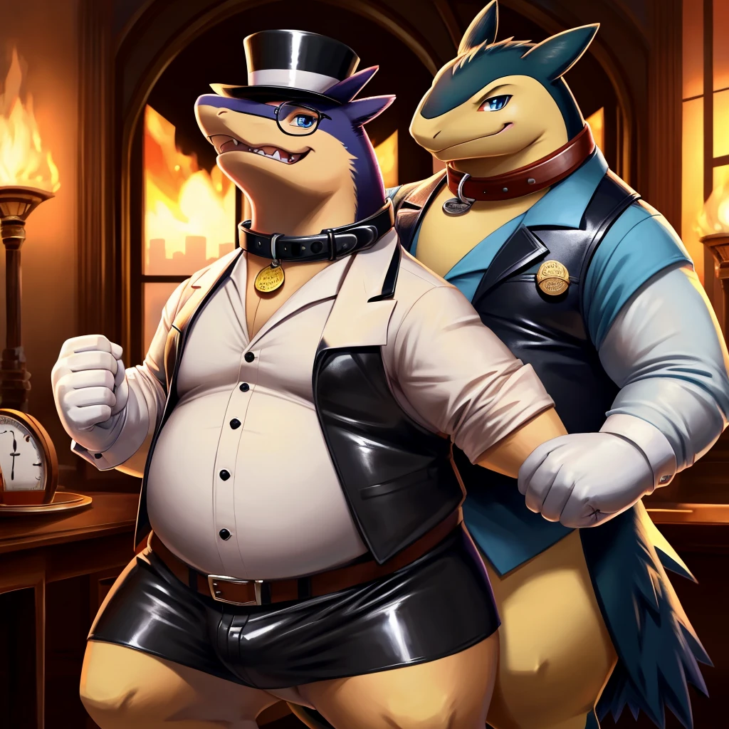 Male, fat, extremely obese, gentleman, dapper Professor Typhlosion, blue eyes, (posing:1.3), (soft shading), 4k, hi res, ((detailed face, detailed)), looking at viewer, mouth wide open, steampunk, dapper clothing, collared shirt with buttons, top hat, male focus, Explorer Outfit, glasses, monocle, vest with buttons, sleeves rolled up, round eyewear, brown headwear, brown vest, office, Typhlosion is wearing a glossy leather dog collar around the neck, Typhlosion is wearing the leather collar and shirt and vest at the same time, Typhlosion is wearing glossy white rubber gloves on the hands, wearing white rubber gloves on the feet, gloves are rubber in texture, clenching teeth, clenching fists, leather collar is glossy and shiny with a lot of detail, Typhlosion is wearing gloves and leather collar at the same time, leather collar has a round dog-tag, leather collar is thick and detailed, leather collar is glossy and shiny, fancy clothing, dapper vest, dapper shirt, leather collar is thick, glossy leather collar, a second male Typhlosion in the same attire helping the fat Typhlosion get dressed.
