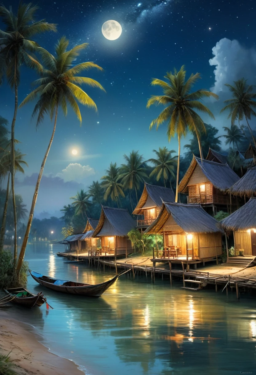 A picturesque village landscape nestled along the banks of a tranquil canal in Thailand, lit up by a night sky filled with stars and moon, creates a magical atmosphere. A village of bamboo huts with thatched roofs Coconut trees sway gently Moonlit waves crashing onto the shore and fishing boats floating in the water., Carl Larsson, Fujicolor, UHD