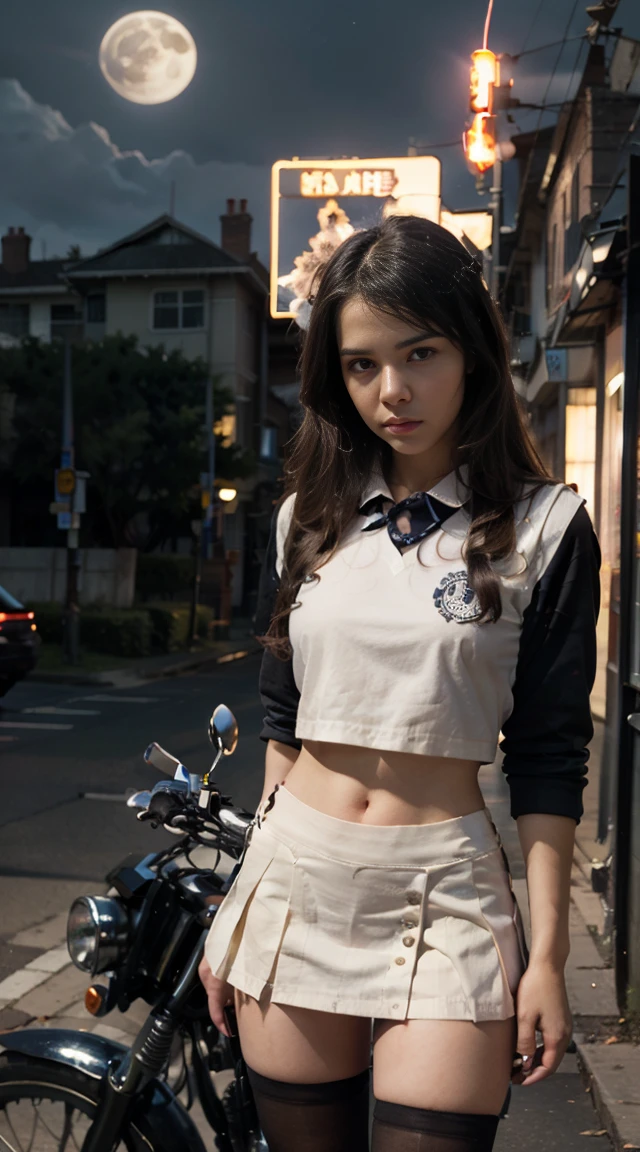 17-year-old Waifu School Girl posando na frente de uma motocicleta futurista, the motorcycle has skulls and blue flames highly detailed 3D graphics, night scenery with full moon in the background, she is wearing a White SchoolUniform with 3D skulls and flames and Sailor Miniskirt, Pantyhose, HDR, epic realism, high-octane rendering, obra de arte,