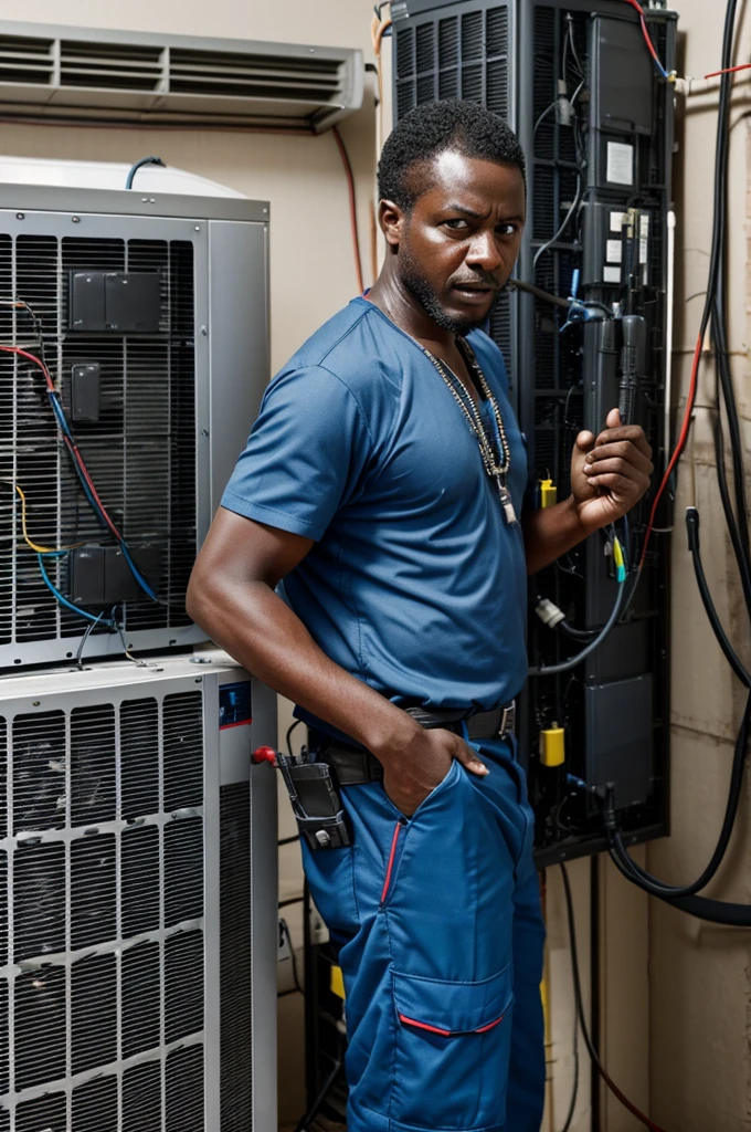 An unexperinced black who drunk man is not a technician clearly frustrated yet determined trying to install an evaporator on his palour wall , standing muttering under his breath. Sweat beaded on his forehead, working on a partially installed AC unit. It was clear this battle between man and machine wasn't going as planned as things were falling apart