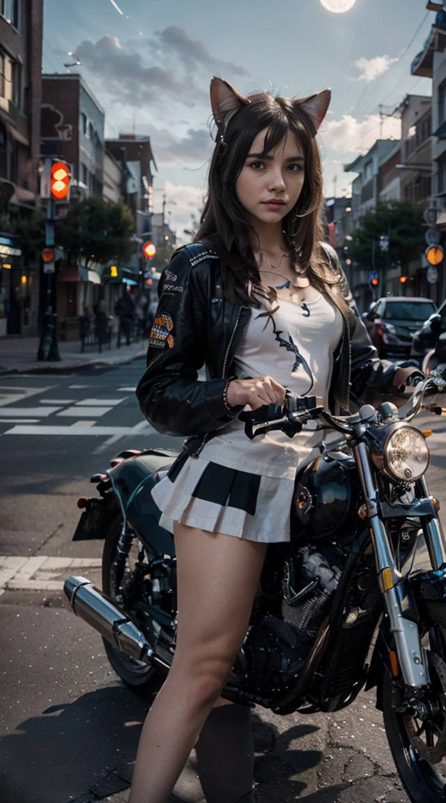 17-year-old Waifu Egirl, Cat Ears, Cat Tail, posando na frente de uma motocicleta futurista, the motorcycle has skulls and blue flames highly detailed 3D graphics, night scenery with full moon in the background, she is wearing a White SchoolUniform with 3D skulls and flames and Sailor Miniskirt, Pantyhose, HDR, epic realism, high-octane rendering, obra de arte,