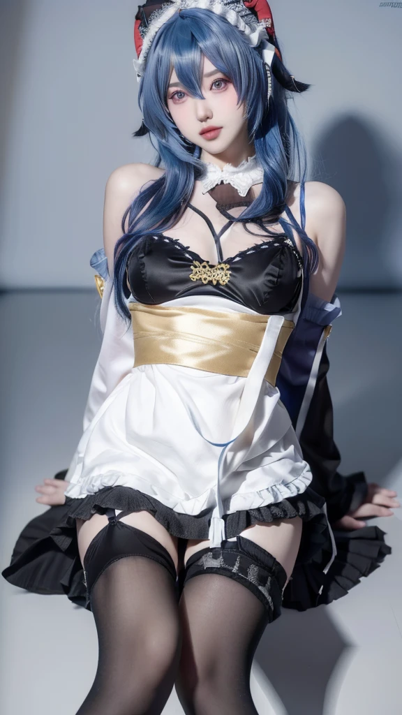 (MP-E, Macro, 65mm, I/2.8),ultra realistic,32K,raw photos,(Highly detailed skin:1.2),8k uh,High quality,hired_maid,1 girl,hired \(Genshin Impact\),alone,blue hair,thigh high,Double Horn,arms separated,purple eyes,maid dress,Iull body,long hair,Black knee-length socks,cosplay,Alternate clothing,look at viewer,smooth,maid headdress,bare shoulders,no Ioot  