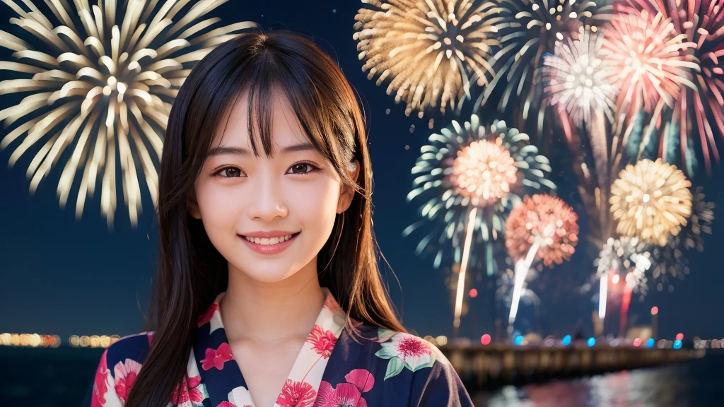 kawaii face, (1girl), (happy smile:1.2), (yukata), (Best Quality:1.4), Realistic, extremely detailed CG unified 8k wallpaper, highly detailed, High-definition raw color photos, professional photography, Realistic portrait, Beautiful detailed, Close up portrait of girl, Outdoors, Beautiful scenery, beach, (The night sky, fireworks, beautiful fireworks spreading across the sky:1.4), so beautiful, upper body photos, amazingly beautiful sight, A wonderful, (Fine face:1.2),