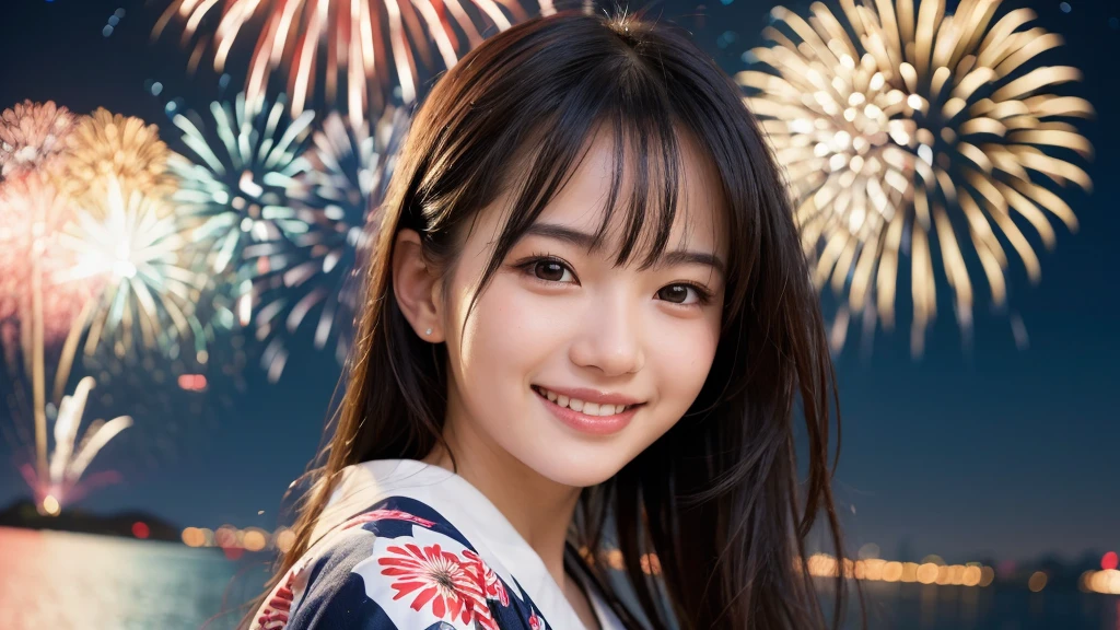 kawaii face, (1girl), (happy smile:1.2), (yukata), (Best Quality:1.4), Realistic, extremely detailed CG unified 8k wallpaper, highly detailed, High-definition raw color photos, professional photography, Realistic portrait, Beautiful detailed, Close up portrait of girl, Outdoors, Beautiful scenery, beach, (The night sky, fireworks, beautiful fireworks spreading across the sky:1.4), so beautiful, upper body photos, amazingly beautiful sight, A wonderful, (Fine face:1.2),