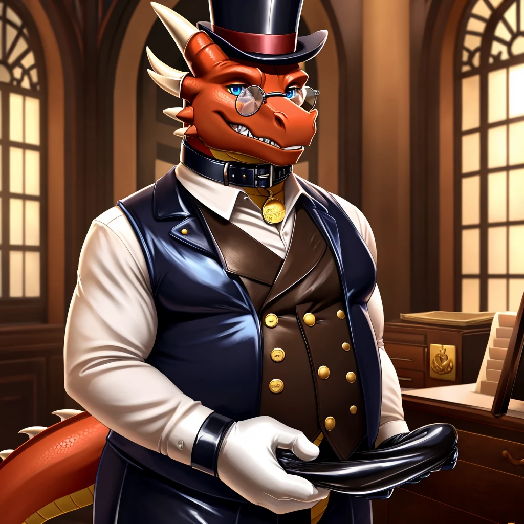 Male, fat, extremely obese, gentleman, dapper Professor Dragon, blue eyes, (posing:1.3), (soft shading), 4k, hi res, ((detailed face, detailed)), looking at viewer, mouth wide open, steampunk, dapper clothing, collared shirt with buttons, top hat, male focus, Explorer Outfit, glasses, monocle, vest with buttons, sleeves rolled up, round eyewear, brown headwear, brown vest, office, Dragon is wearing a glossy leather dog collar around the neck, Dragon is wearing the leather collar and shirt and vest at the same time, Dragon is wearing glossy white rubber gloves on the hands, wearing white rubber gloves on the feet, gloves are rubber in texture, clenching teeth, clenching fists, leather collar is glossy and shiny with a lot of detail, Dragon is wearing gloves and leather collar at the same time, leather collar has a round dog-tag, leather collar is thick and detailed, leather collar is glossy and shiny, fancy clothing, dapper vest, dapper shirt, leather collar is thick, glossy leather collar, a second male Dragon in the same attire helping the fat Dragon get dressed.