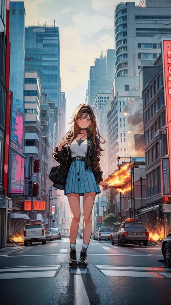 analog illustration style　(((Girl on the Road in the Big City))) 
((Destroyed city in flames)) ((Fire)) ((Destroyed buildings)) ((Destroyed cars)) ((Pile of rubble))

90's Giant (((Girl on the Road in the Big City))) Uniform Skirt 
((Dim cloudy sky)) Female Giant
huge girl
full body 
Destroyed skyscrapers, destroyed cars, crowd Unreal Engine,cleavage ,a drawing of a , earrings, long hair, 1980s (style)