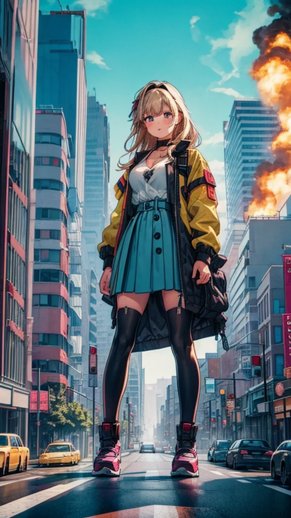 analog illustration style (((Girl on the Road in the Big City)))
((Destroyed city in flames)) ((Fire)) ((Destroyed buildings)) ((Destroyed cars)) ((Pile of rubble))
90's Giant (((Girl on the Road in the Big City))) Uniform Skirt
((Dim cloudy sky)) Female Giant
huge girl
full body
Destroyed skyscrapers, destroyed cars, crowd Unreal Engine,cleavage ,a drawing of a , earrings, long hair, 1980s (style)