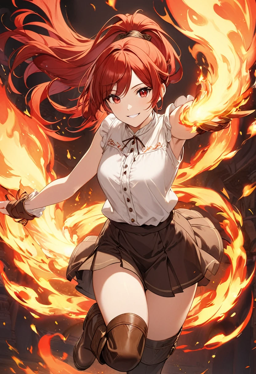20 years old, long red hair, wears a ponytail, red eyes, always smiling. She dresses in an antique style, wearing a short brown skirt with black shorts underneath, ending above the knees. She wears knee-high brown boots. Her white blouse is sleeveless and features red details. She possesses fire powers and has a fire-themed background."