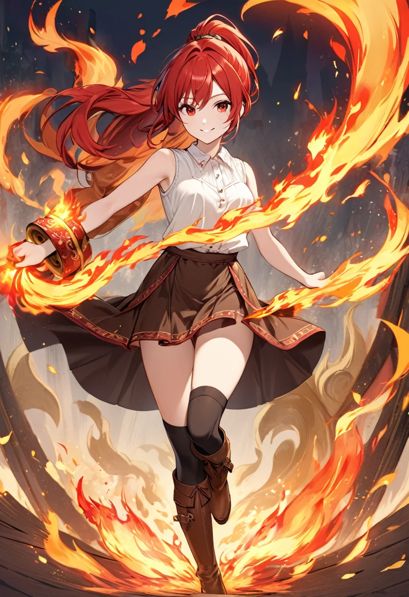 20 years old, long red hair, wears a ponytail, red eyes, always smiling. She dresses in an antique style, wearing a short brown skirt with black shorts underneath, ending above the knees. She wears knee-high brown boots. Her white blouse is sleeveless and features red details. She possesses fire powers and has a fire-themed background."
