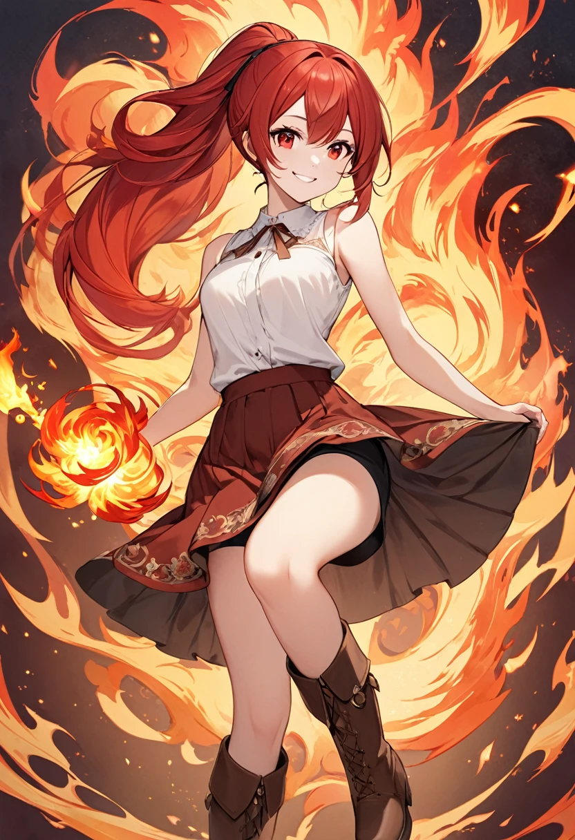 20 years old, long red hair, wears a ponytail, red eyes, always smiling. She dresses in an antique style, wearing a short brown skirt with black shorts underneath, ending above the knees. She wears knee-high brown boots. Her white blouse is sleeveless and features red details. She possesses fire powers and has a fire-themed background."