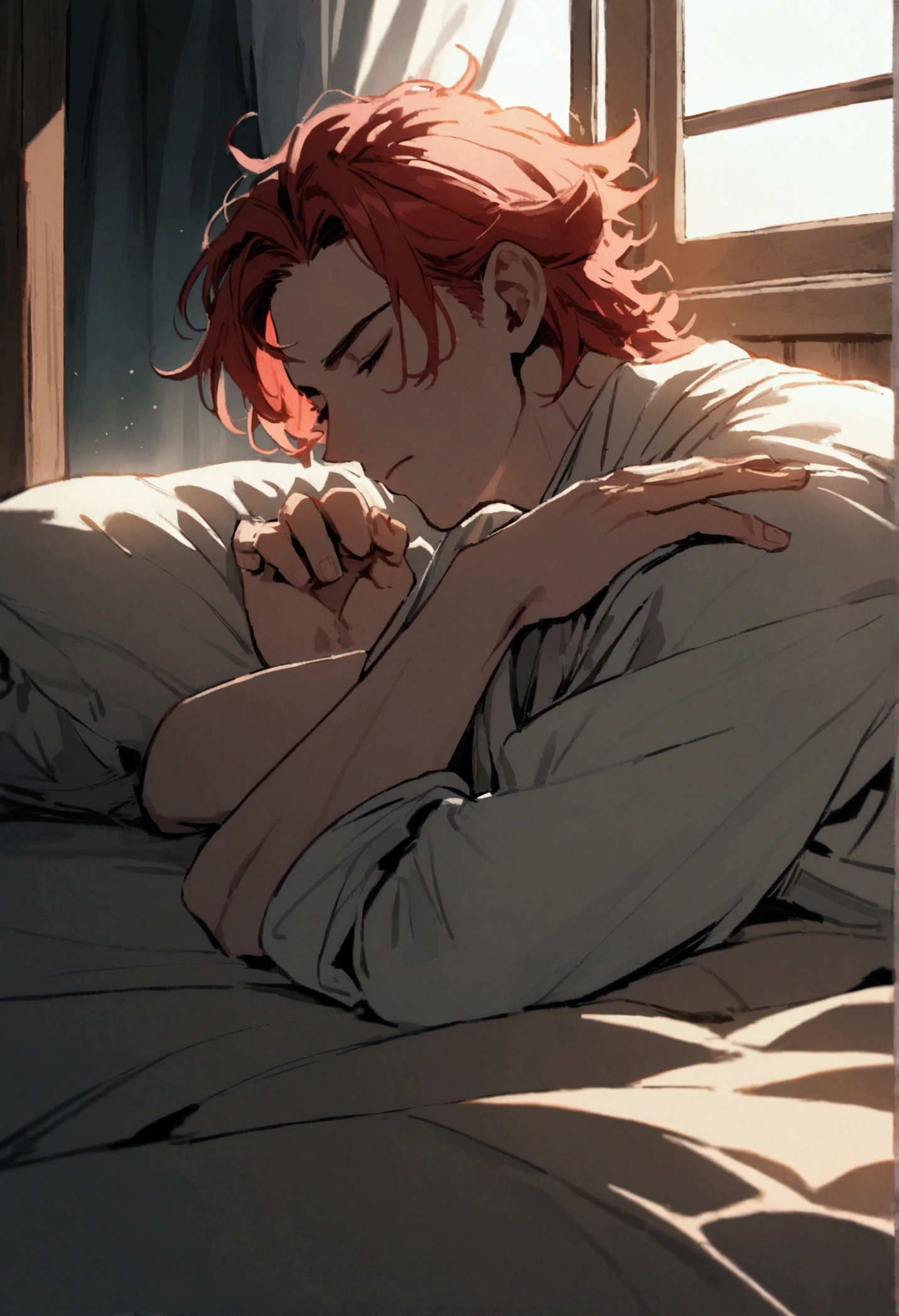 A young man (mascle) red-haired bard waking up drowsily 