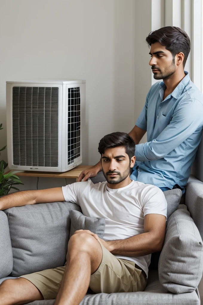 A man sitting in his palour cushion worried at the wrong installation of his palour Air-conditioner