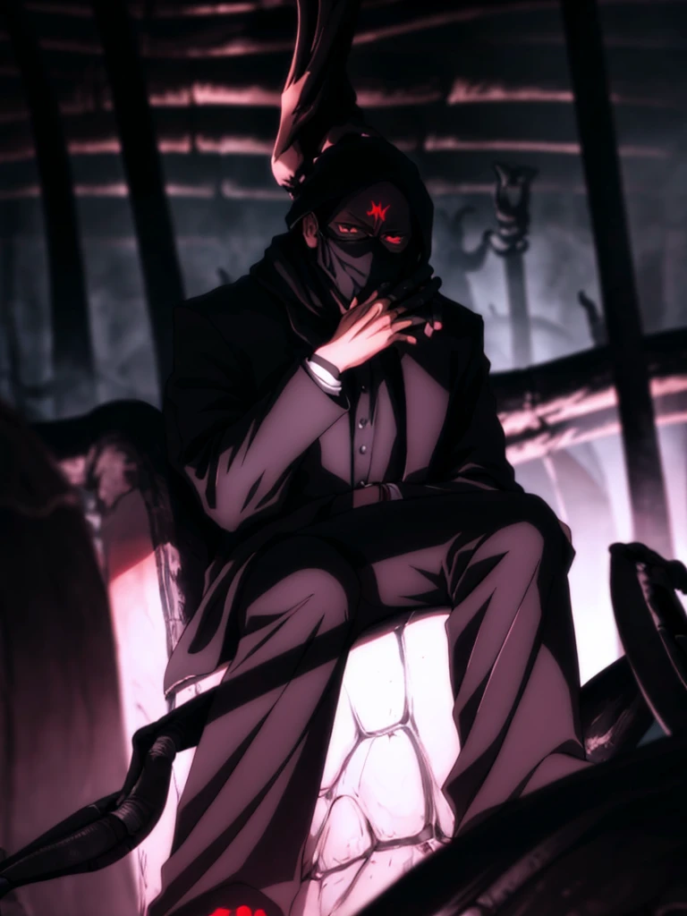 A man in a black coat with a mask that covers his nose and mouth wears a black shirt black pants has red eyes his hair is black he is sitting in a chair and behind him there is a skeleton of a tyrannosaurus standing