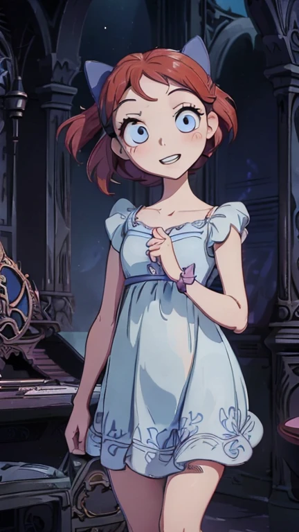 best quality,masterpiece,1girl,solo,(((13years old))),japanese girl,an extremely cute and handsome girl,highly detailed beautiful face and eyes,petit,cute face,lovely face,baby face,shy smile,show teeth, Red hair,short hair,flat chest,skinny,slender,(((wearing a wendy darling, bow, nightgown ))),(((standing in Dark Midnight gothichorrorai Disneyland))),she is looking at the viewer,TimBurton Animation style,upper body close up 