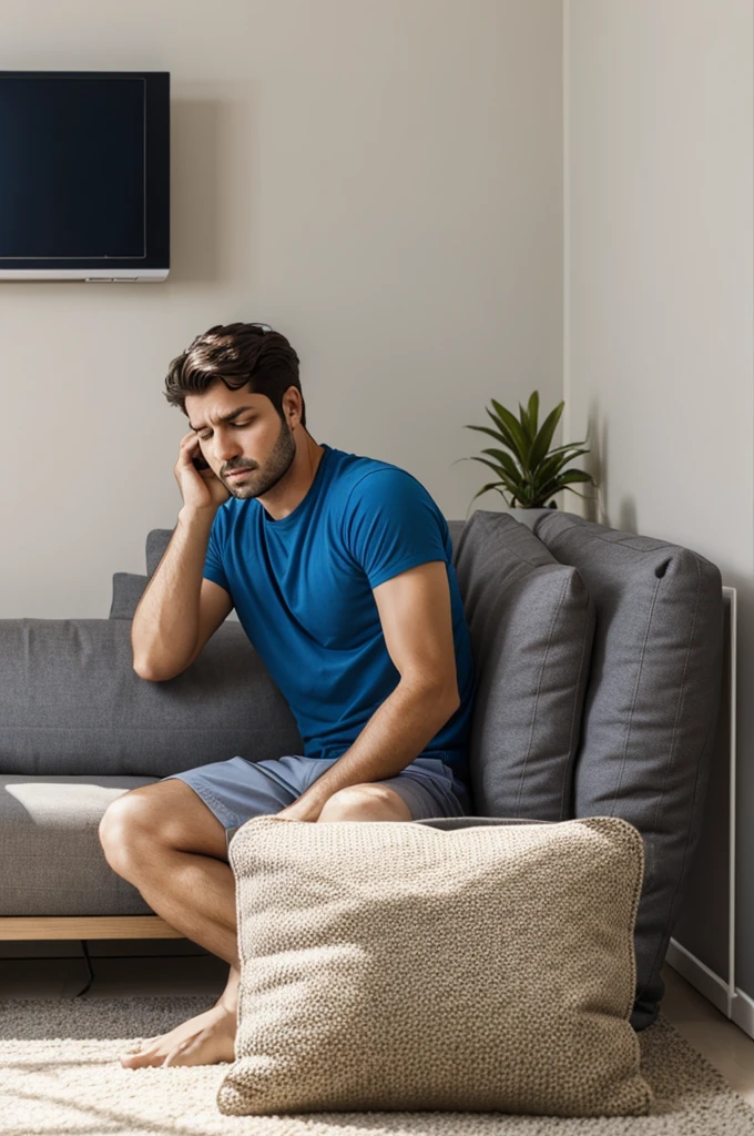 A man sitting in his palour cushion worried at the wrong installation of his palour Air-conditioner