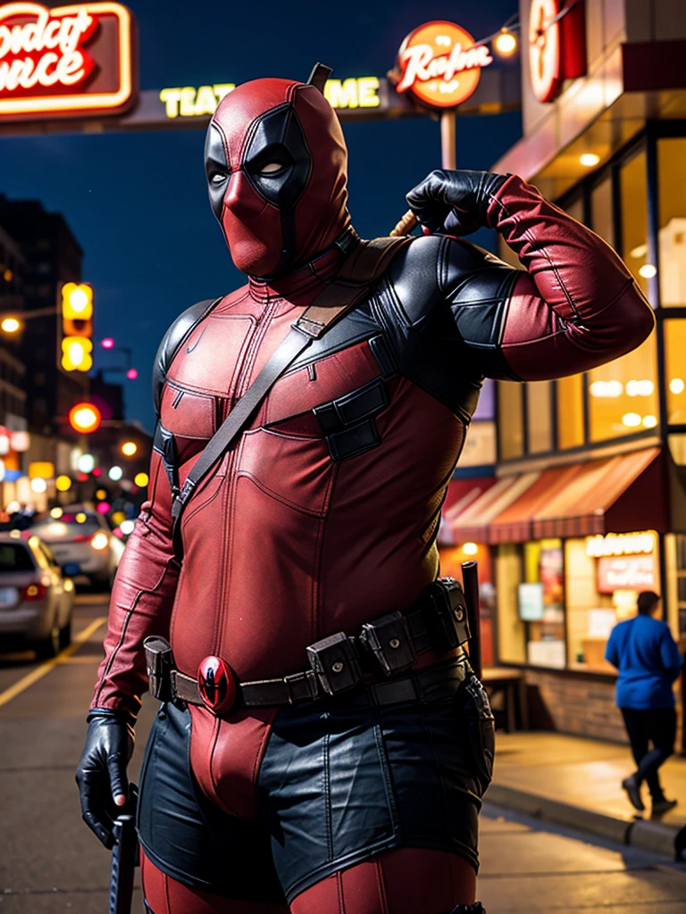 Very fat Deadpool, (fat), dynamic pose, posing near fast food, night, depth of field, bokeh