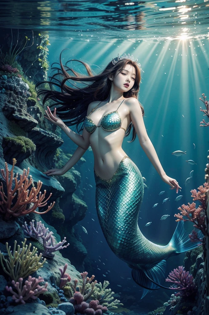 01 beautiful Korean mermaid at the bottom of the ocean, image with high quality and better resolution