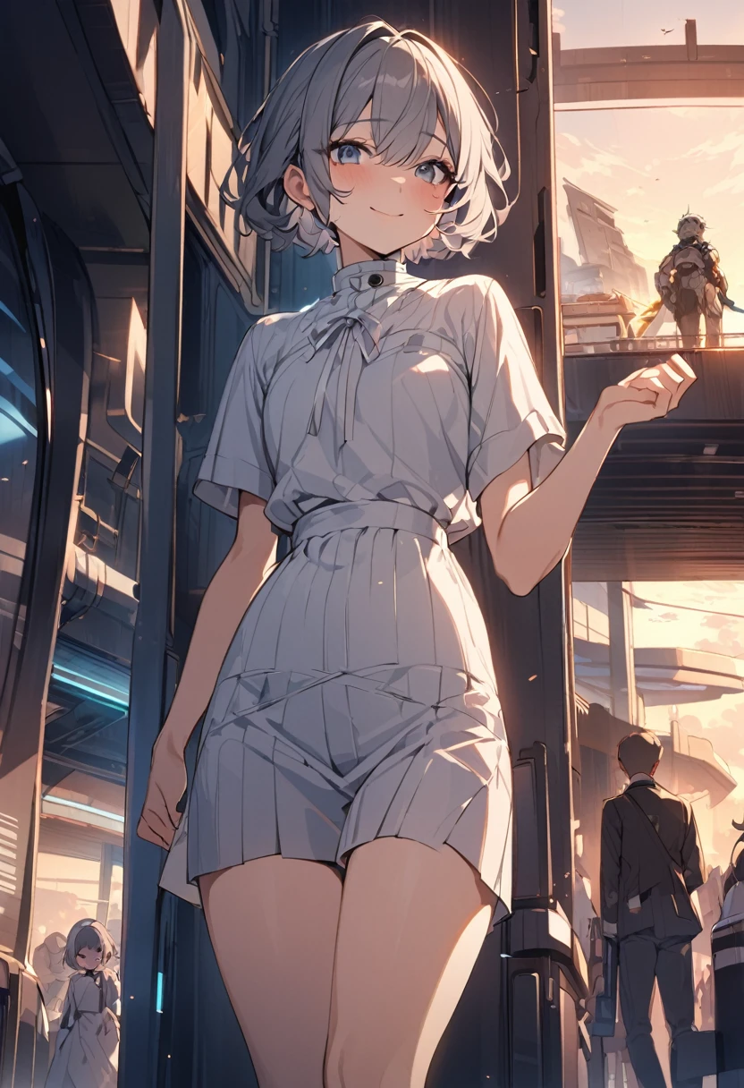 (masterpiece,Best Quality), , Girl looking at viewer, , {Top view|bottom view|medium view}, , {by the wide|short hair}, (wavy fur:0.8),, {Upper part of the body|cowboy shot}, , {inside|outdoor}, , {fancy|modern|Science fiction},, {dawn|evening}, , {blue eyes|black eyes|grey eyes},, {shy|happy|sad|smile|happy face},