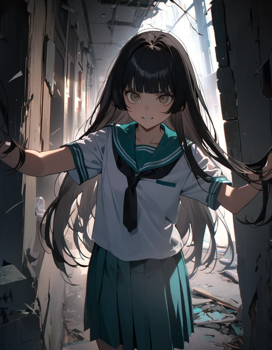 (8k, best quality, master piece: 1.2),super high resolution,1 girl,独奏,,ultra-detailed face,detailed eyes,brown eyes,very long hair,glossy black hair,Hime cut,straight hair,Giving an empty smile,(Spread your hair with both hands),sailor suit,aqua collar, white shirts, short sleeve, school,aqua skirt,black ribbon tie,White knee-high socks,Tea loafers,Are standing,rim light,Broken Window,Abandoned hospital corridor