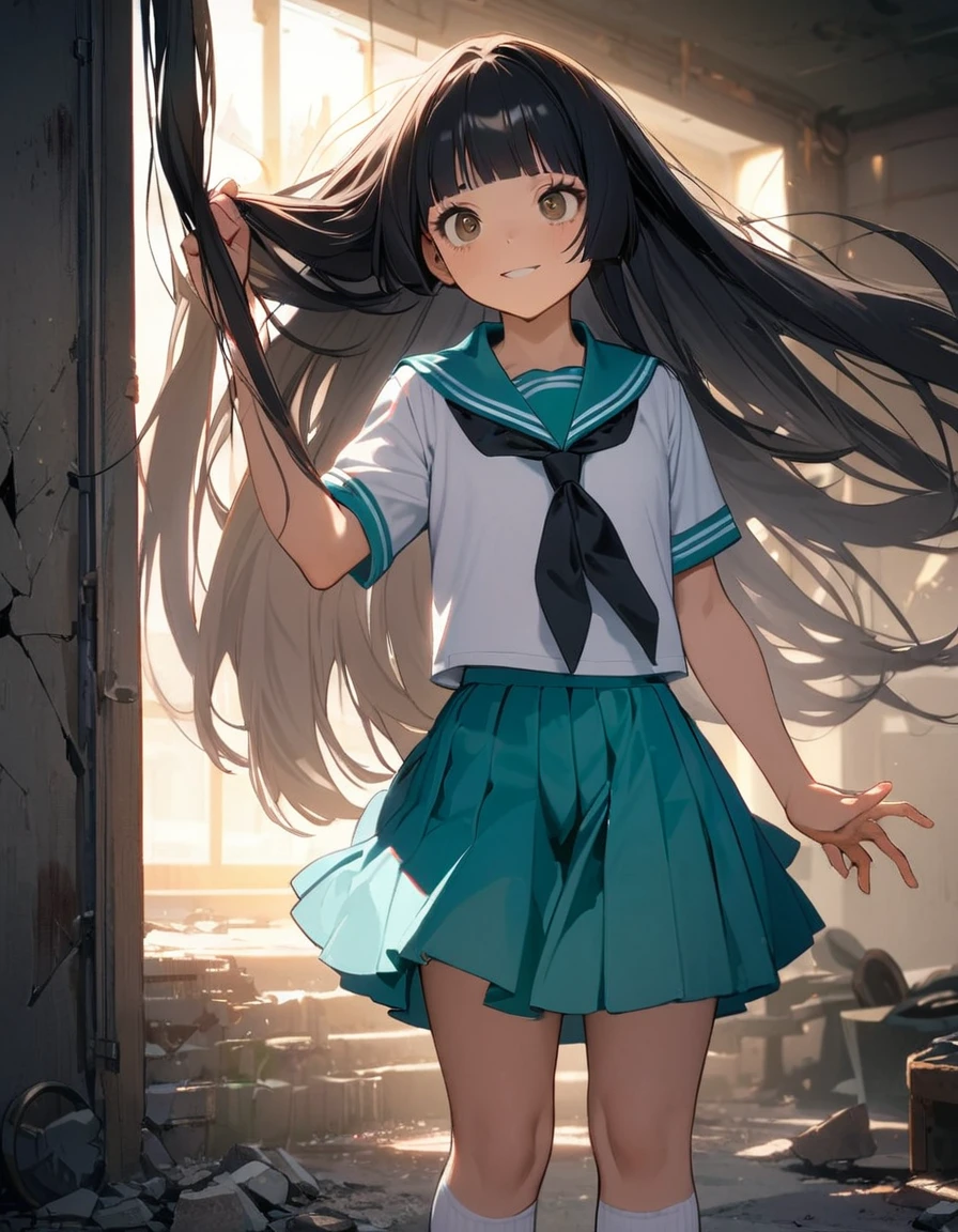 (8k, best quality, master piece: 1.2),super high resolution,1 girl,独奏,15yo,ultra-detailed face,detailed eyes,brown eyes,very long hair,glossy black hair,Hime cut,straight hair,Giving an empty smile,(Spread your hair with both hands),sailor suit,aqua collar, white shirts, short sleeve, school,aqua skirt,black ribbon tie,White knee-high socks,Tea loafers,Are standing,rim light,Broken Window,Abandoned hospital corridor
