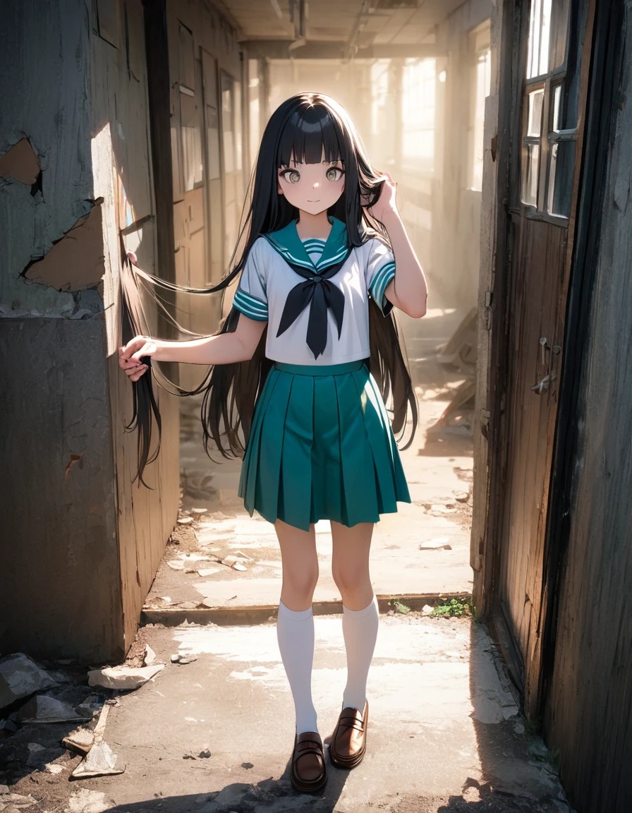 (8k, best quality, master piece: 1.2),super high resolution,1 girl,独奏,yo,ultra-detailed face,detailed eyes,brown eyes,very long hair,glossy black hair,Hime cut,straight hair,Giving an empty smile,(Spread your hair with both hands),sailor suit,aqua collar, white shirts, short sleeve, school,aqua skirt,black ribbon tie,White knee-high socks,Tea loafers,Are standing,rim light,Broken Window,Abandoned hospital corridor