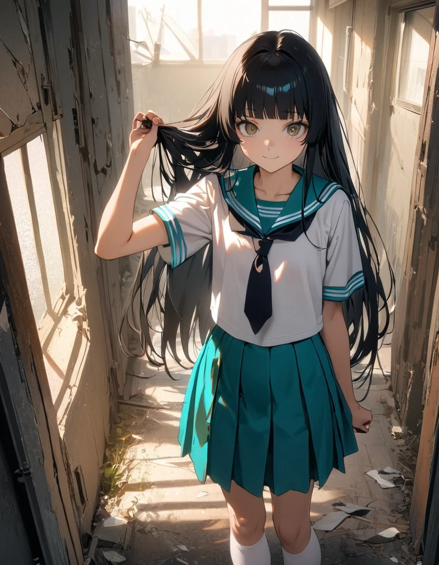 (8k, best quality, master piece: 1.2),super high resolution,1 girl,独奏,15yo,ultra-detailed face,detailed eyes,brown eyes,very long hair,glossy black hair,Hime cut,straight hair,Giving an empty smile,(Spread your hair with both hands),sailor suit,aqua collar, white shirts, short sleeve, school,aqua skirt,black ribbon tie,White knee-high socks,Tea loafers,Are standing,rim light,Broken Window,Abandoned hospital corridor