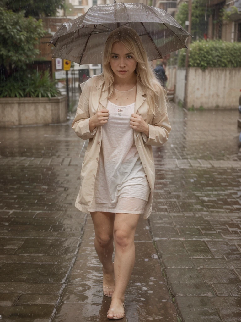 real image of a tiered blonde hair girl Walking in the Rain in Santiago de Chile. (((real life)))
