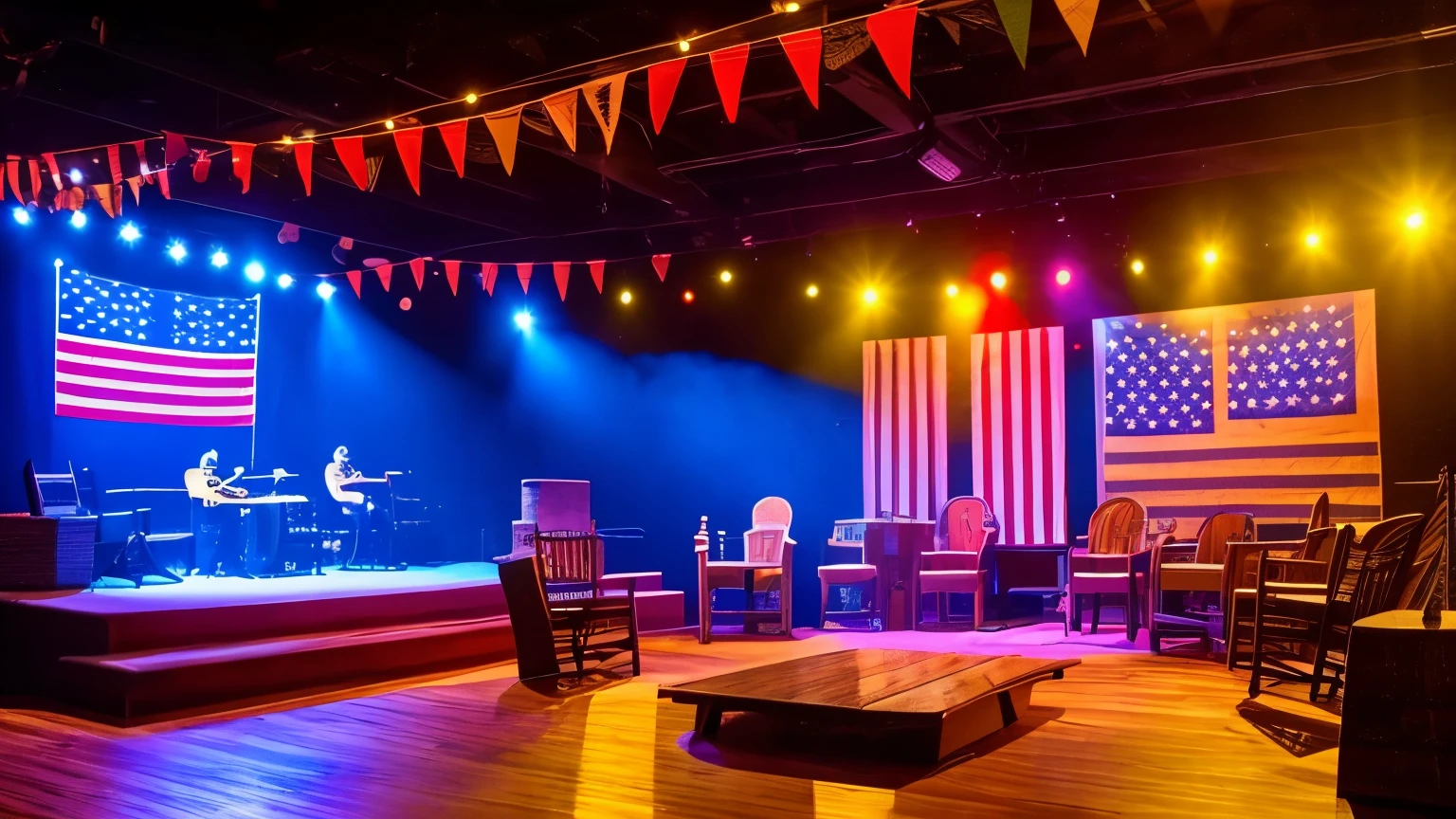 An indoor American country music stage with acoustic guitars, banjos and a double bass, illuminated by soft yellow and red lights. Western style decoration with hay bales, wagon wheels and US flags. Wooden chairs and rustic tables complete the setting."
