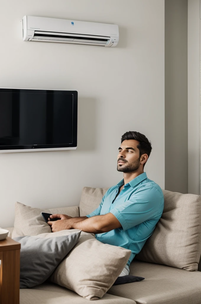 A man sitting in his palour cushion worried at the wrong installation of his palour Air-conditioner