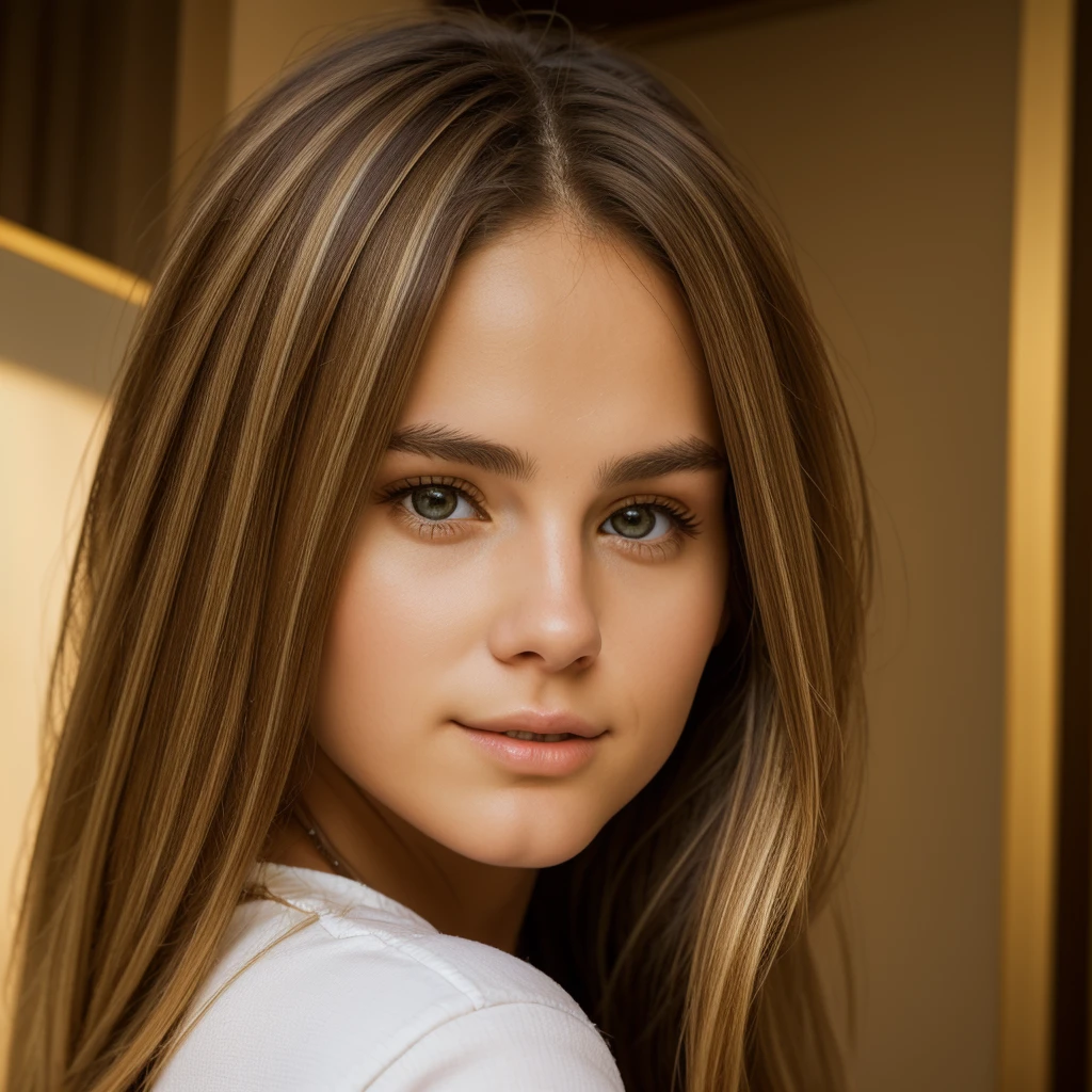 A photorealistic portrait of a 18-year-old italian girl with long, flowing hair whith blonde and brunette  highlights and striking hazel eyes. She should have a natural, approachable expression and be illuminated by soft, golden-hour sunlight. She has thick lips. The background should be a scenic indoor setting, chamber. Capture this image with a high-resolution photograph using an 85mm lens for a flattering perspective, 4k, highly detailled.