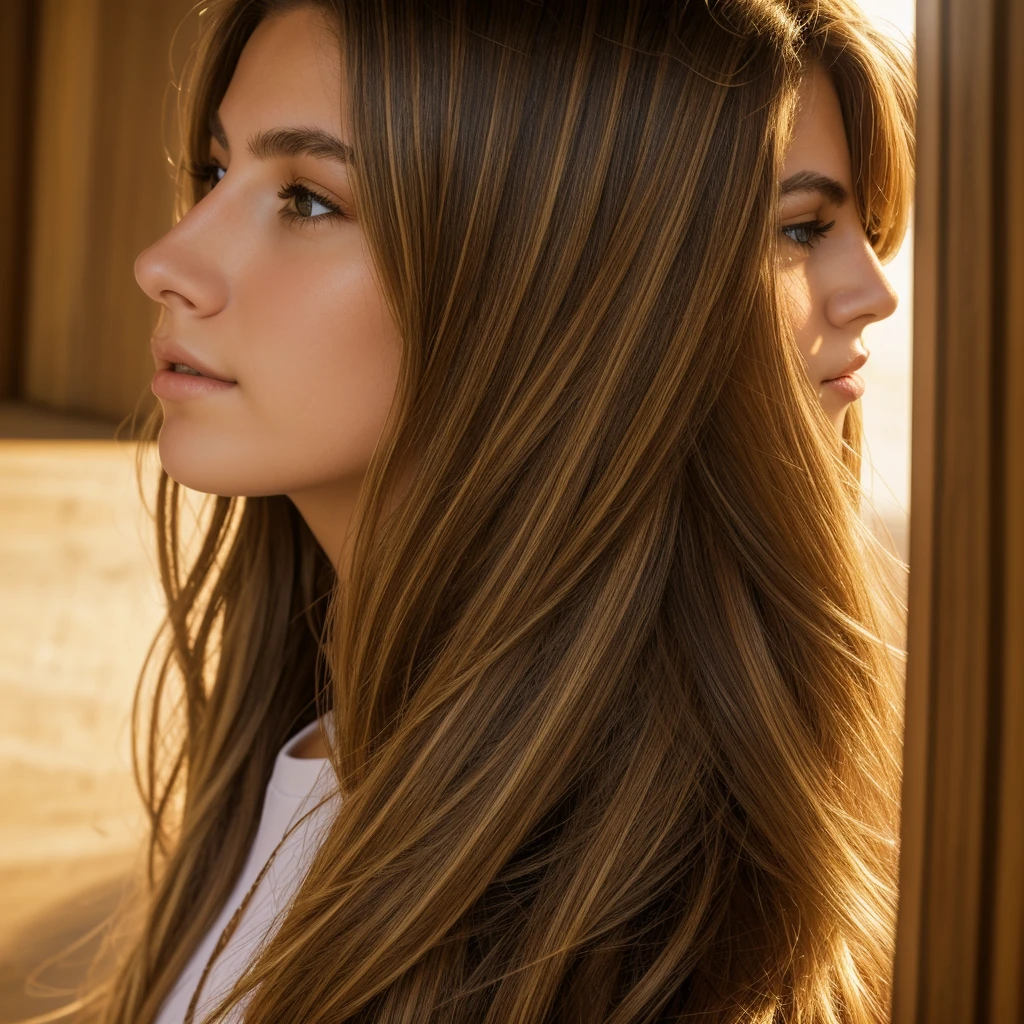 A photorealistic portrait of a 18-year-old italian girl with long, flowing hair whith blonde and brunette highlights and striking hazel eyes. She should have a natural, approachable expression and be illuminated by soft, golden-hour sunlight. She has thick lips. The background should be a scenic indoor setting, chamber. Capture this image with a high-resolution photograph using an 85mm lens for a flattering perspective, 4k, highly detailled.