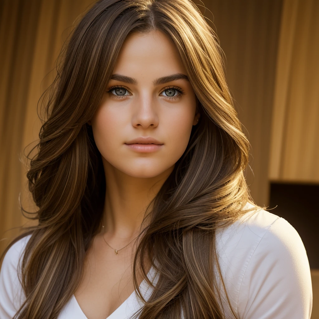 A photorealistic portrait of a 18-year-old italian girl with long, flowing hair whith blonde and brunette  highlights and striking hazel eyes. She should have a natural, approachable expression and be illuminated by soft, golden-hour sunlight. She has thick lips. The background should be a scenic indoor setting, chamber. Capture this image with a high-resolution photograph using an 85mm lens for a flattering perspective, 4k, highly detailled.