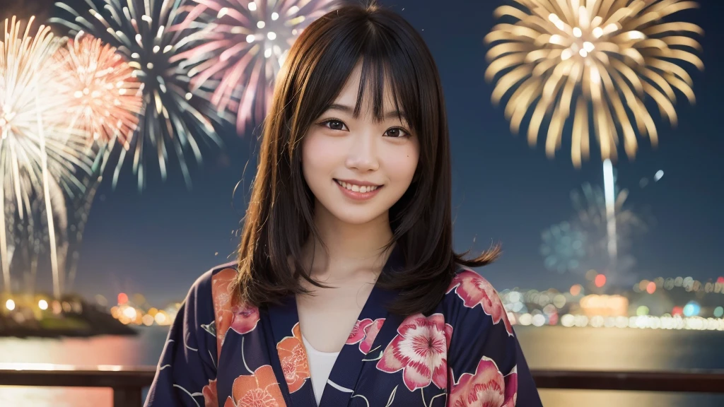 kawaii face, (1girl), (happy smile:1.2), (yukata), (Best Quality:1.4), Realistic, extremely detailed CG unified 8k wallpaper, highly detailed, High-definition raw color photos, professional photography, Realistic portrait, Beautiful detailed, Close up portrait of girl, Outdoors, Beautiful scenery, beach, (The night sky, fireworks, beautiful fireworks spreading across the sky:1.4), so beautiful, upper body photos, amazingly beautiful sight, A wonderful, (Fine face:1.2),