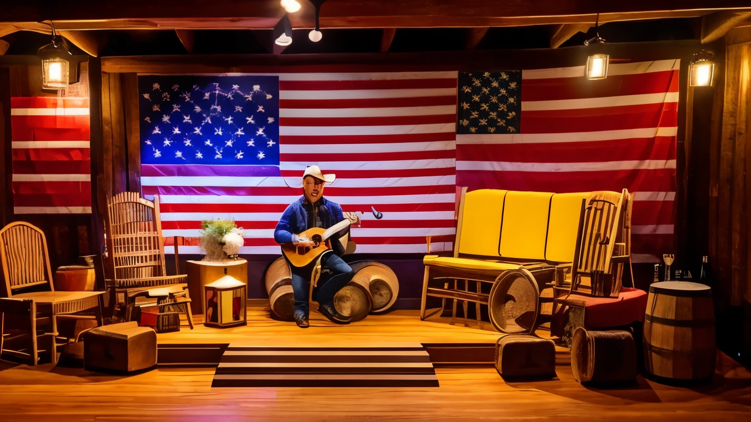 An indoor American country music stage with acoustic guitars, banjos and a double bass, illuminated by soft yellow and red lights. Western style decoration with hay bales, wagon wheels and US flags. Wooden chairs and rustic tables complete the setting."
