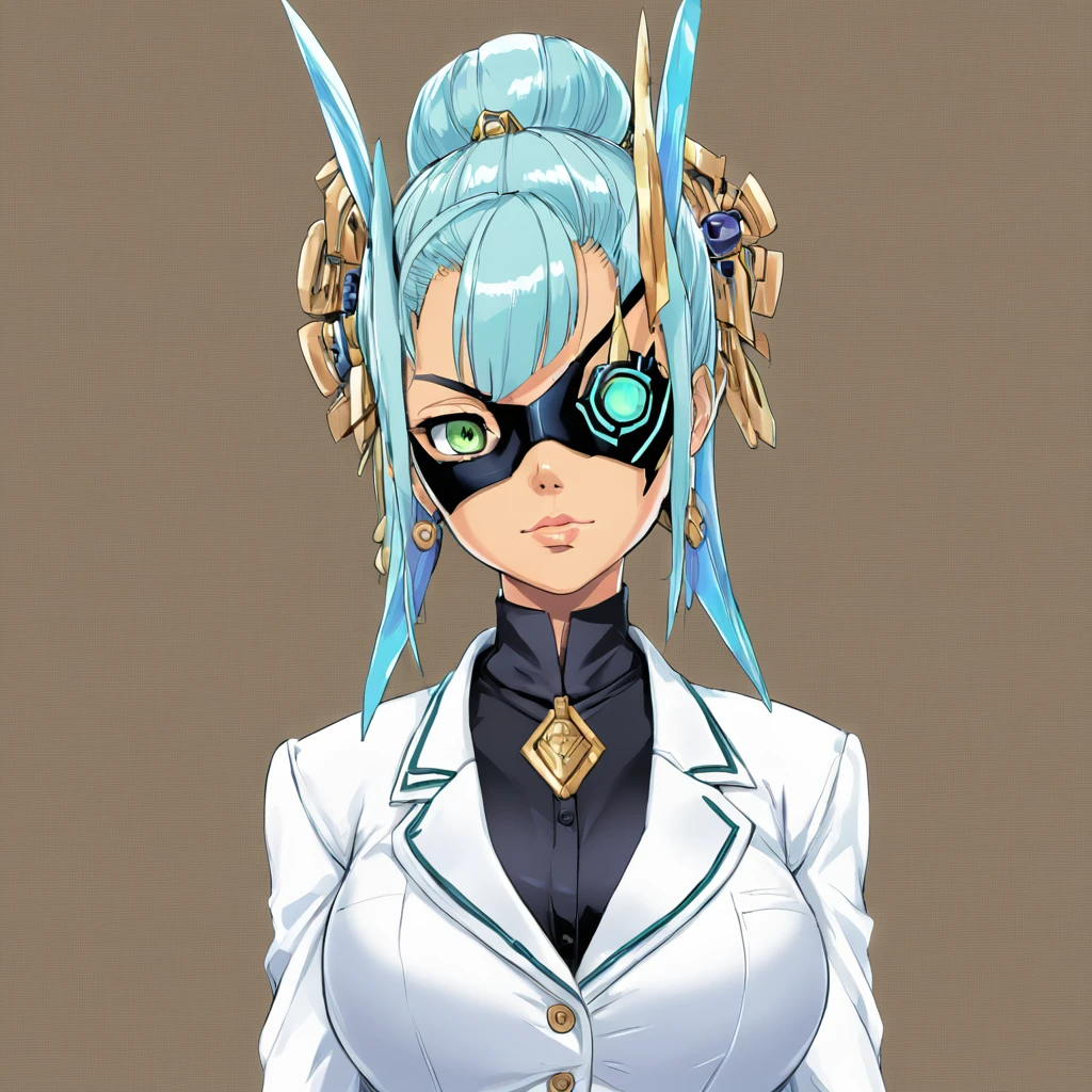 Mikumari \(Xenoblade\)masterpiece, Highest quality, ((1 person)),Blue Hair,Green Eyes,Serious expression, smile,Upper Body,Line art,Medium Hair,White blazer,Black T-shirt,Big Breasts,Bunhead,Black Mask, Expressionless eyes,((Kubo Obito Style)) Detailed face, Face Focus, Are standing, Black Hair,(hair ornaments:1.35),office lady, Sleeves edged with ribbon, Removable sleeves, Ribbon trim, Wide sleeves, (View your audience:1.5) Long Hair, iris, bangs, lips