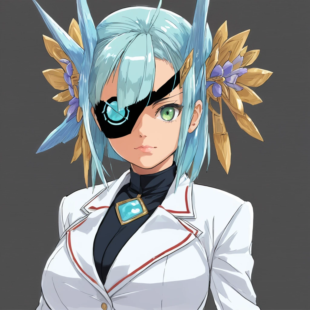 Mikumari \(Xenoblade\)masterpiece, Highest quality, ((1 person)),Blue Hair,Green Eyes,Serious expression, smile,Upper Body,Line art,Medium Hair,White blazer,Black T-shirt,Big Breasts,Bunhead,Black Mask, Expressionless eyes,((Kubo Obito Style)) Detailed face, Face Focus, Are standing, Black Hair,(hair ornaments:1.35),office lady, Sleeves edged with ribbon, Removable sleeves, Ribbon trim, Wide sleeves, (View your audience:1.5) Long Hair, iris, bangs, lips