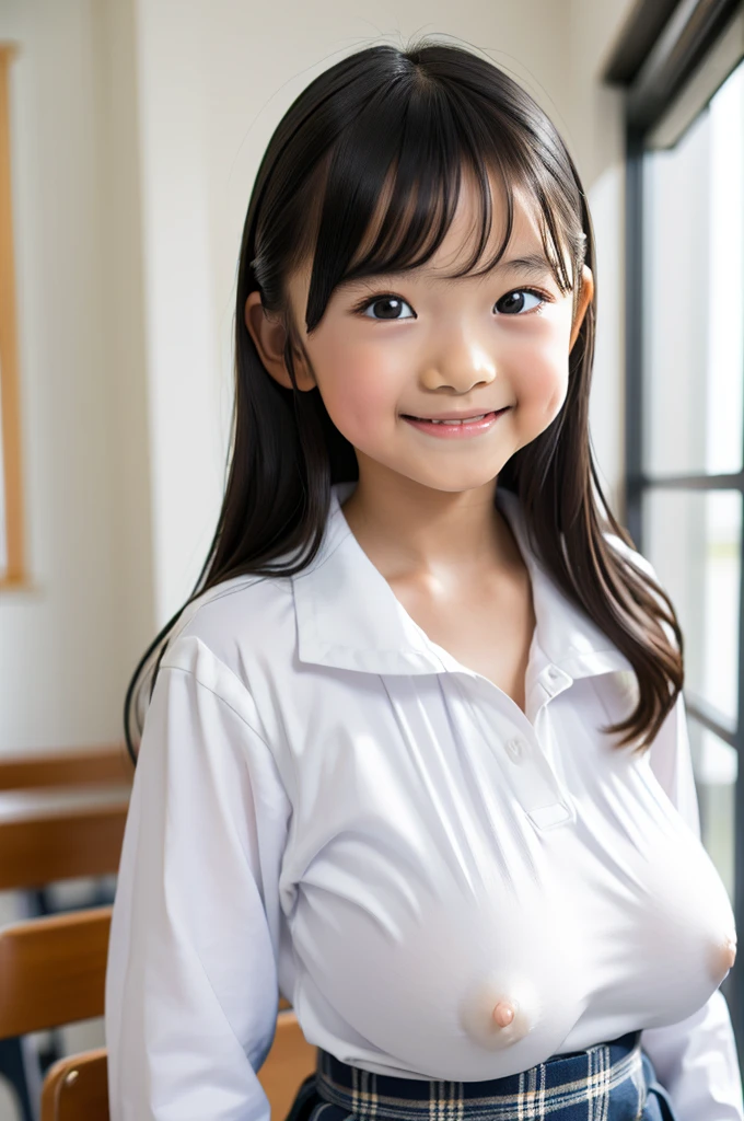 masterpiece, Highest quality, 8K, Young beautiful girl, Baby Face、Clothed Big Tits、(((((()))))),((Large Breasts:1.3)), photo shoot, Cute face, Embarrassing、smile、 makeup, Ten generations, Detailed face, Long Hair、Black Hair、Narrow waist,((school uniform、White shirt、Checkered mini skirt))、Black knee-high socks,