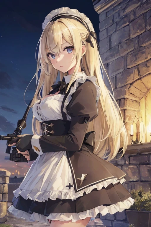 ((Highest quality:1.6)), ((detailed:1.4)), (Ultra-high resolution:1.6)(detailed:1.6), (Perfect Face:1.4), (detailedなイラスト:1.6), (Ultra-high resolution:1.6), girl, A very concentrated face, cute, Blonde, Small breasts, Black and white maid outfit, Blue ribbon, White apron, Gothic maid outfit, Long, Above the Battlements, On the wall, Defend the castle, European Castles, Castle, (Sniperrifleで狙撃:1.6), Sniper, Sniper, Sniperrifleを構えてる, rifle, gun, アサルトrifle, (Castle Defense, gun撃戦, Looking through the scope, Aim at the enemy, Sniper from the top of the castle, Eyes are enemies, Side angle), (両手でrifleを構える)
