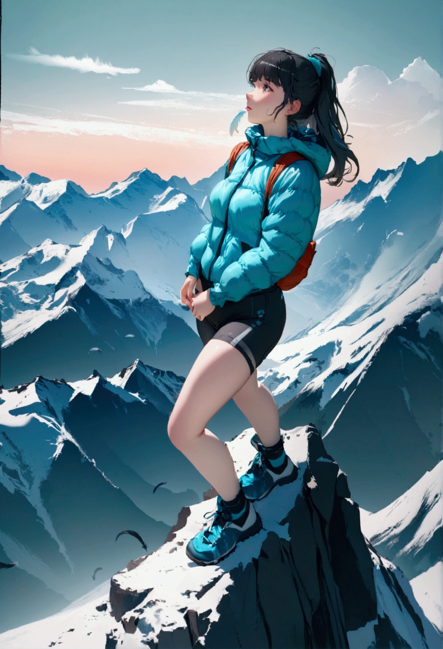 1 girl, (((climbing clothing)), 18-years old, attractive body, feathers mountains, in the mountains, Surrealism, high quality, anatomically correct, uhd, 8k, best quality, super detail