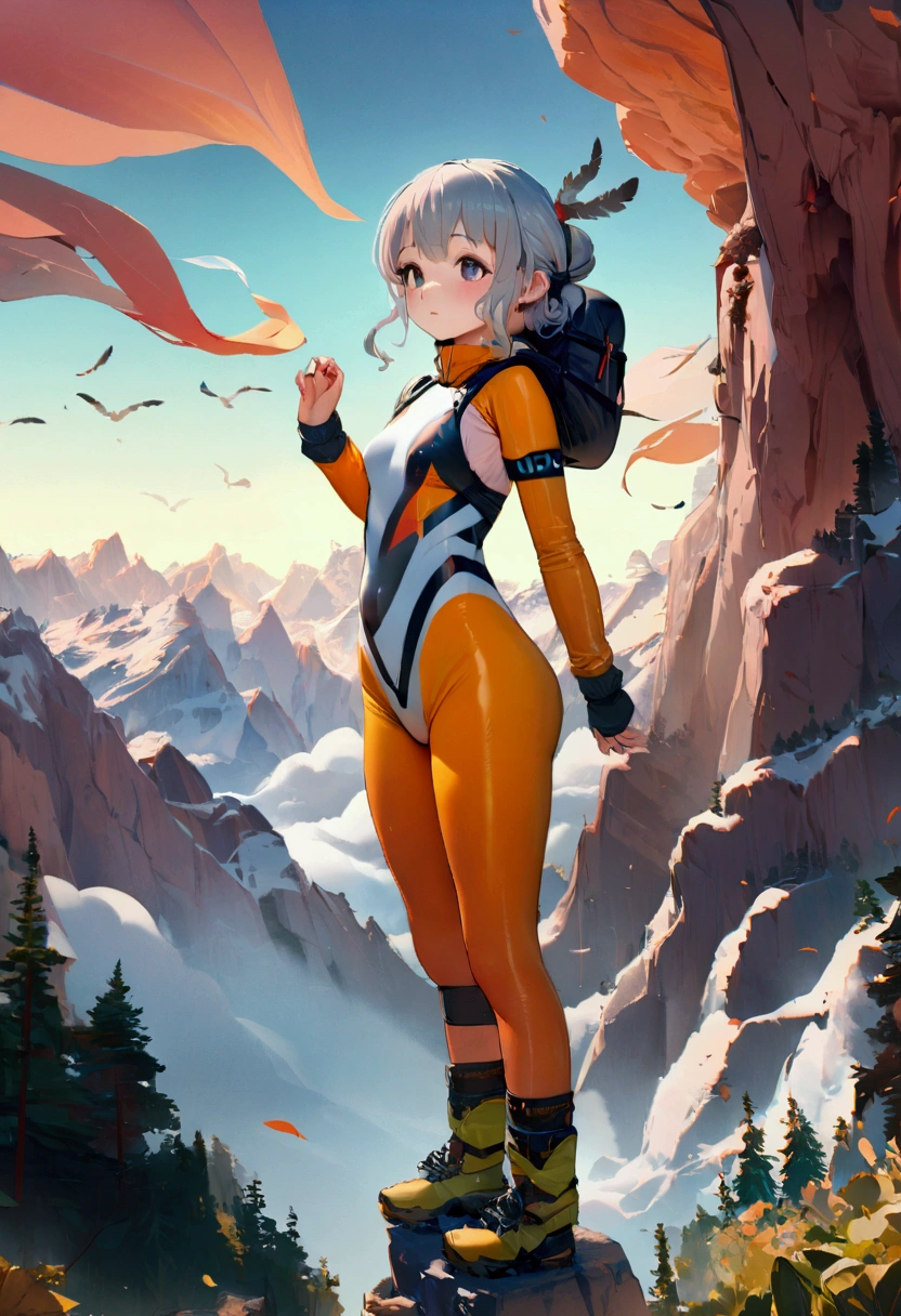 1 girl, (((climbing clothing)), 18-years old, attractive body, feathers mountains, in the mountains, Surrealism, high quality, anatomically correct, uhd, 8k, best quality, super detail