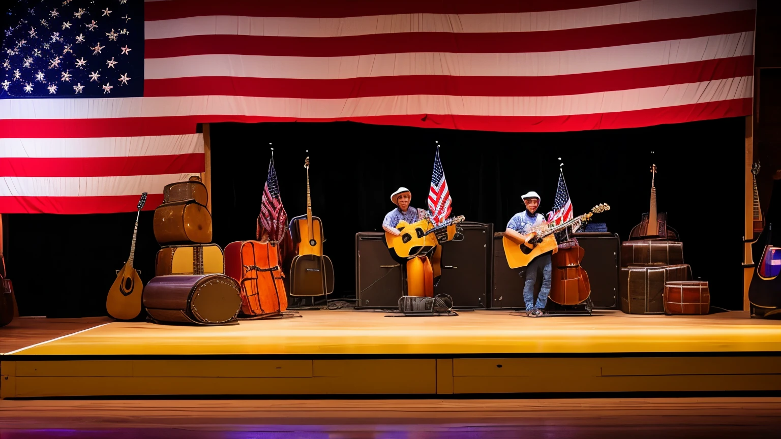 "An empty indoor stage prepared for an American country music concert. The stage is decorated with guitars, banjos and a double bass strategically positioned. Soft yellow and red lights illuminate the room, who has bales of hay, wagon wheels and US flags as part of the decoration."

