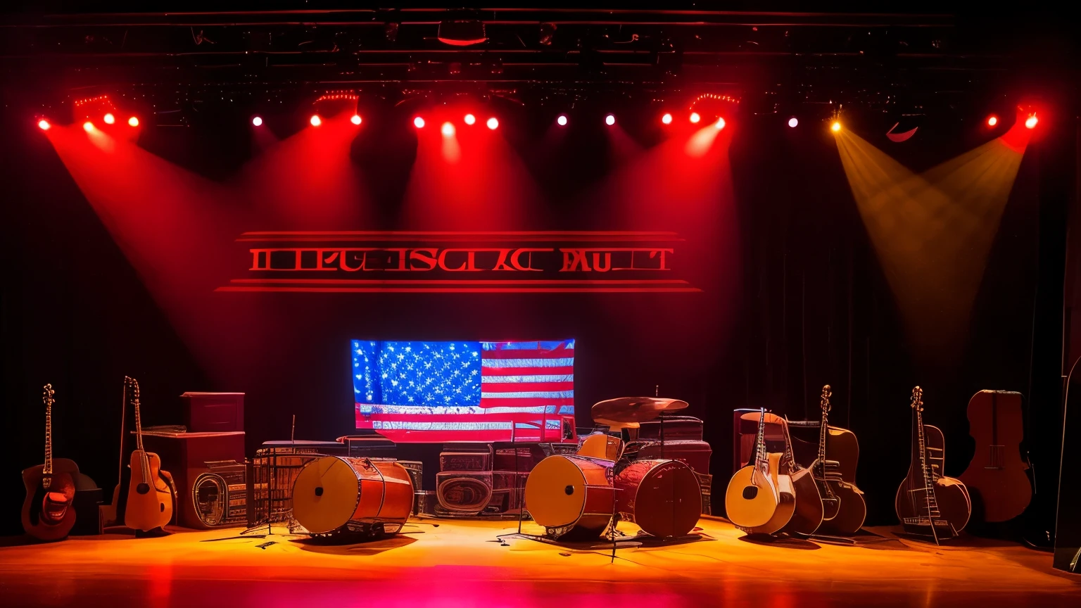 "An empty indoor stage prepared for an American country music concert. The stage is decorated with guitars, banjos and a double bass strategically positioned. Soft yellow and red lights illuminate the room, who has bales of hay, wagon wheels and US flags as part of the decoration."