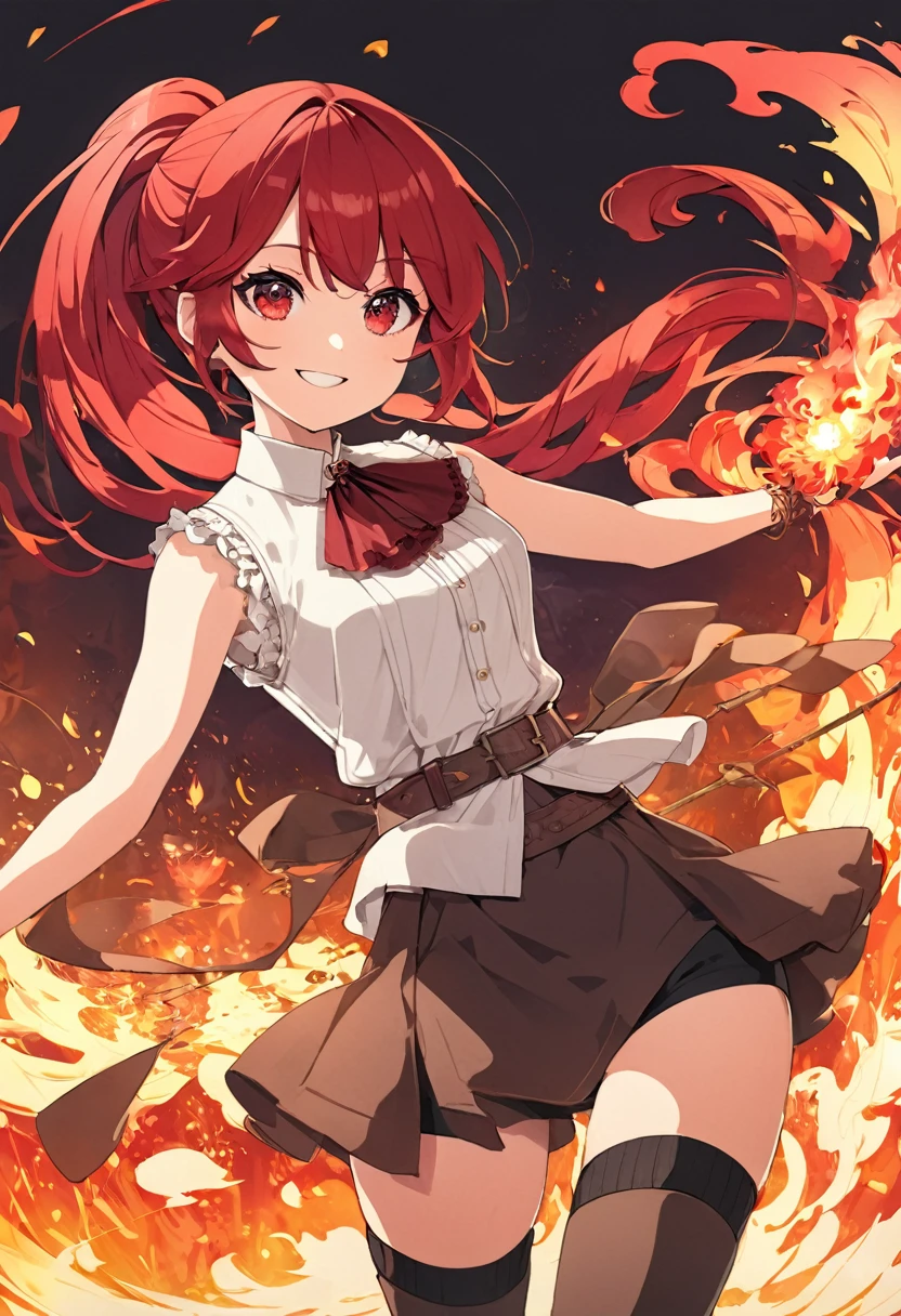 20 years old, long red hair, wears a ponytail, red eyes, always smiling. She dresses in an antique style, wearing a short brown skirt with black shorts underneath, ending above the knees. She wears knee-high brown boots. Her white blouse is sleeveless and features red details. She possesses fire powers and has a fire-themed background."